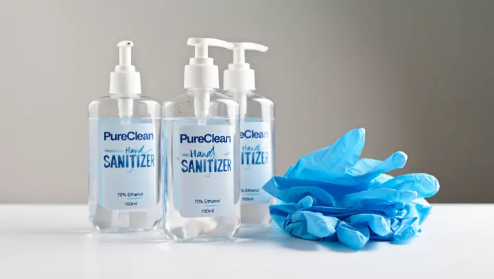 Hand sanitiser bottles and gloves